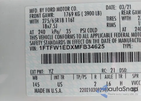 2021 Ford F-150 Xlt z USA, uszkodzony, nr VIN 1FTFW1EDXMFB34625